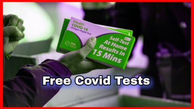 A stack of Free COVID Tests kits against a blue background.