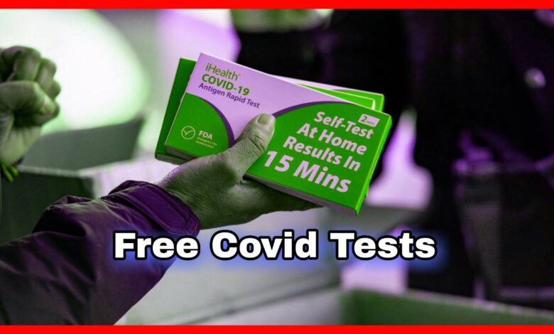 A stack of Free COVID Tests kits against a blue background.